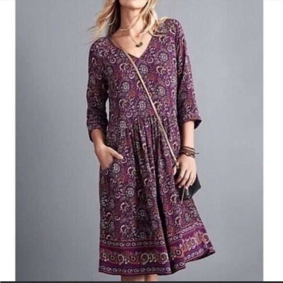 Garnet Hill Purple Floral Dress 3/4 Sleeve 10 - Picture 2 of 8